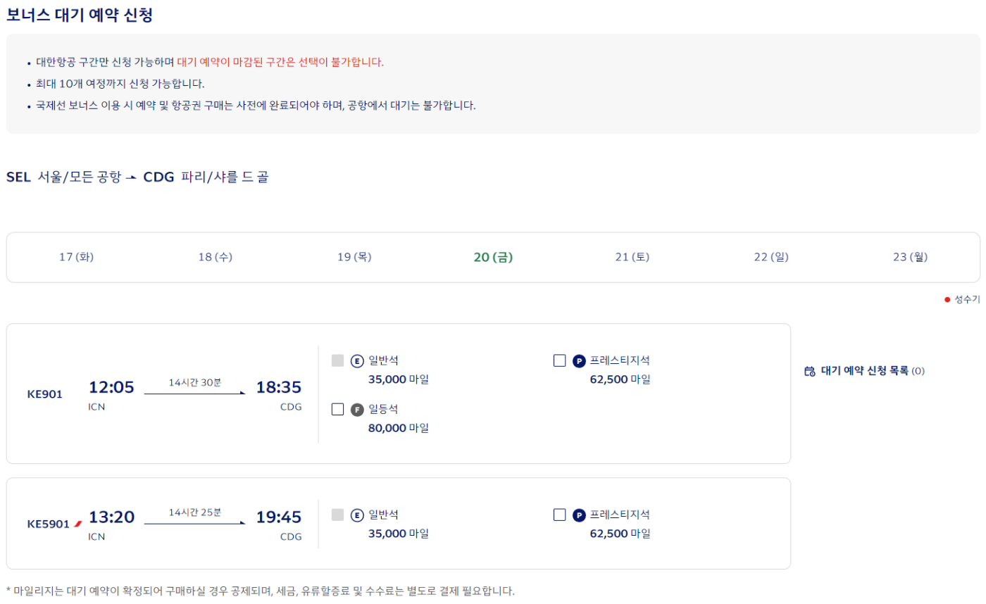 대한항공 보너스 대기 예약 신청 화면. 대한항공 구간만 신청 가능, 최대 10개 여정까지 신청 가능. KE901은 프레스티지석 62,500마일과 일등석 80,000마일을 골라 대기할 수 있고, 에어프랑스 운항 KE5901은 일등석 칸이 없다